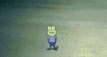 a frog from spongebob squarepants is standing in the sand .