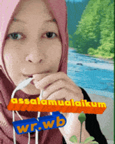a woman wearing a hijab is holding a cord in her mouth and the words assalamualaikum wr.wb are above her