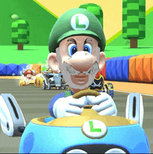 a cartoon character wearing a green hat with a l on it