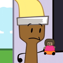 a cartoon drawing of a paint brush holding a stuffed toy