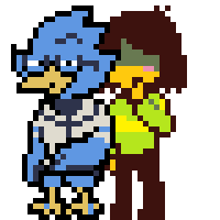 a pixel art drawing of a bird and a person