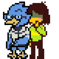 a pixel art drawing of a bird and a person