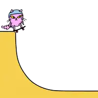 a pink cartoon cat wearing a blue helmet is riding a skateboard