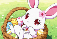 a cartoon bunny is sitting in a basket of eggs