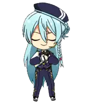 a cartoon character with long blue hair and a hat is standing with his arms outstretched and surrounded by pigeons .
