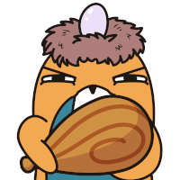 a cartoon drawing of a man with an egg on his head holding a piece of meat