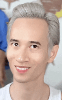 a close up of a man 's face with gray hair