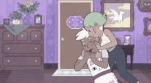 a cartoon of a woman kissing another woman in front of a sign that says bless this mess