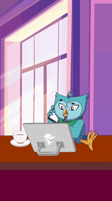 a cartoon of an owl sitting at a table with a laptop