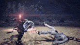 a video game character is kicking another character in the back