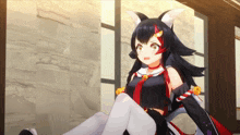 a girl with horns is sitting in a room with a window