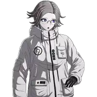 a black and white drawing of a girl wearing a jacket that says hbdd