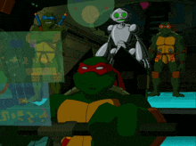 a group of teenage mutant ninja turtles standing around a table