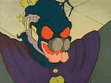 a cartoon character with red eyes is wearing a purple suit and a mask .