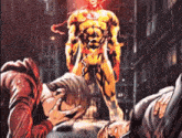 a man is kneeling down in front of a statue of a superhero