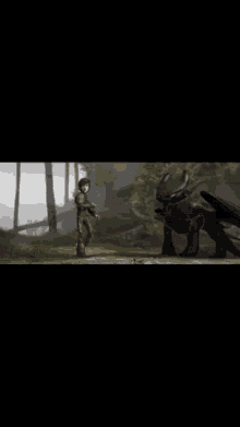 hiccup and toothless from how to train your dragon are standing next to each other in the woods .