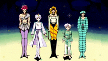 a group of cartoon characters standing next to each other with one wearing a unicorn costume