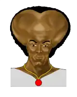 a cartoon of a man with a very large head and a red pendant around his neck