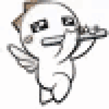 a white cartoon character with wings is holding a sword .