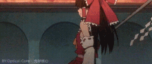 a girl in a red dress is holding a sword and a flag .