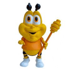 a cartoon bee is holding a honey dipper in its hand .