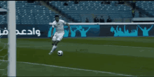 a man kicking a soccer ball on a field with a sign that says ' wadi ' on it