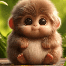 a baby monkey with big eyes is sitting on the ground