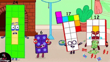 a group of cartoon cubes are standing next to each other in a room .
