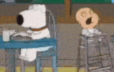 a cartoon dog is sitting at a table next to a baby .