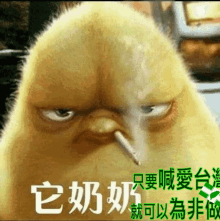 a cartoon chicken is smoking a cigarette and has chinese writing on it