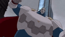 a cartoon character in a blue and white suit is standing in front of a window in a room .