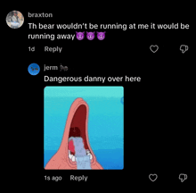 a screenshot of a spongebob cartoon with a reply from braxton