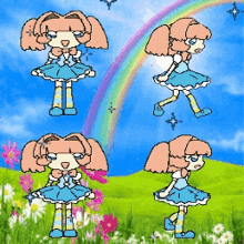 a girl in a blue dress is standing in a field with flowers and a rainbow in the background