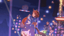 a group of anime girls are dancing in front of a stage