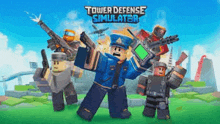 a group of roblox characters standing next to each other holding guns in a video game called tower defense simulator .