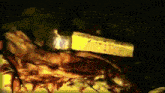 a knife is being used to cut a piece of meat in a dark room .