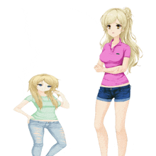 two anime girls are standing next to each other and one is wearing a pink shirt with a black logo