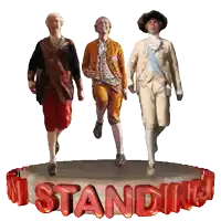 three men are standing in front of a sign that says " i standing "