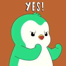 a green and white penguin says yes in white letters