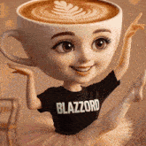 a girl wearing a black shirt that says blazzard is dancing in front of a cup of coffee