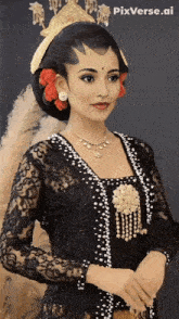 a woman wearing a black dress and a gold crown with pixverse.ai on the bottom right