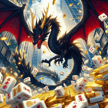 a black dragon is surrounded by dice and mahjong pieces