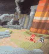 a cartoon drawing of a landscape with a few blocks and mountains