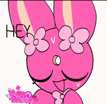 a drawing of a pink bunny with flowers on its ears and the word hey written on it