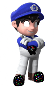 a cartoon character wearing a blue hat with the letter g on it is standing with his arms crossed