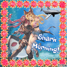 a picture of a girl riding a shark with the words shark morning on it