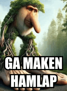 a cartoon monkey with a long nose is surrounded by trees and the words ga maken hamlap