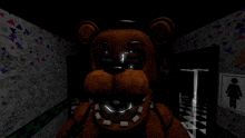 a teddy bear in a dark hallway with a sign that says t