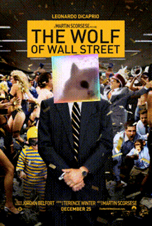 a poster for the wolf of wall street shows a man in a suit
