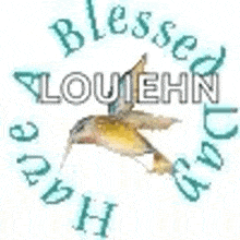 a hummingbird is flying in the air in a circle with the words `` blessed louehn '' written around it .